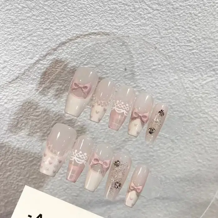 10 pièces brillant doux rose français à la main presse sur les ongles avec nœud papillon 3D mignon moyen cercueil faux