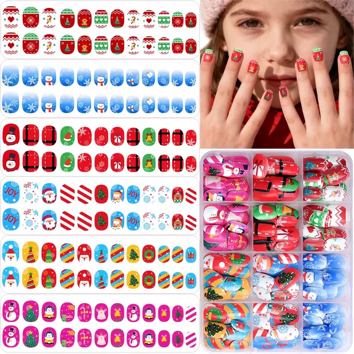144 pièces/boîte noël enfants faux ongles beau bonhomme de neige flocons de neige presse sur ongles