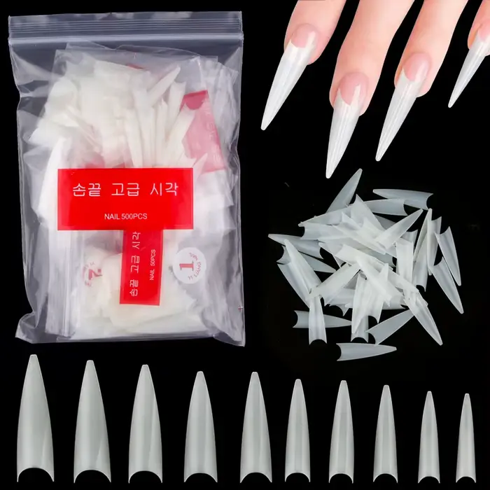 1 sac (600 pièces) pointes d'ongles de pratique Stiletto naturel 10 tailles demi-couverture faux poi