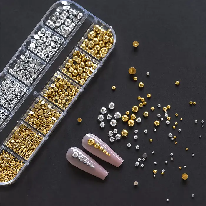1 boîte de strass demi-ronds à dos plat pour ongles, multi-tailles, perles métalliques or et argent,
