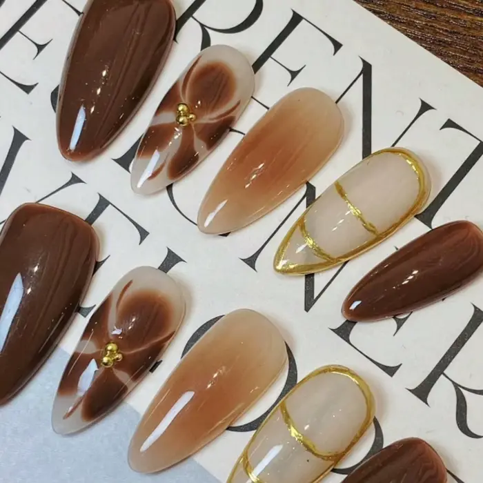 10 faux ongles en forme d'amande pressés à la main, magnifiques faux ongles, mélange de caramel haut