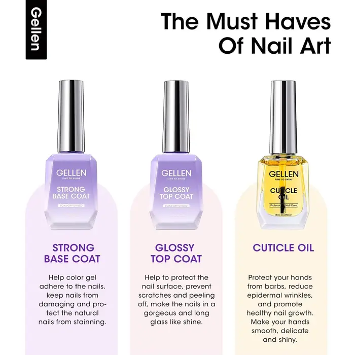 GELLEN 18ml Huile pour cuticules Gel Vernis à ongles Kit Base Top Coat Finition brillante Longue durée Soak Off Nail Art Manucure Set Femmes Filles