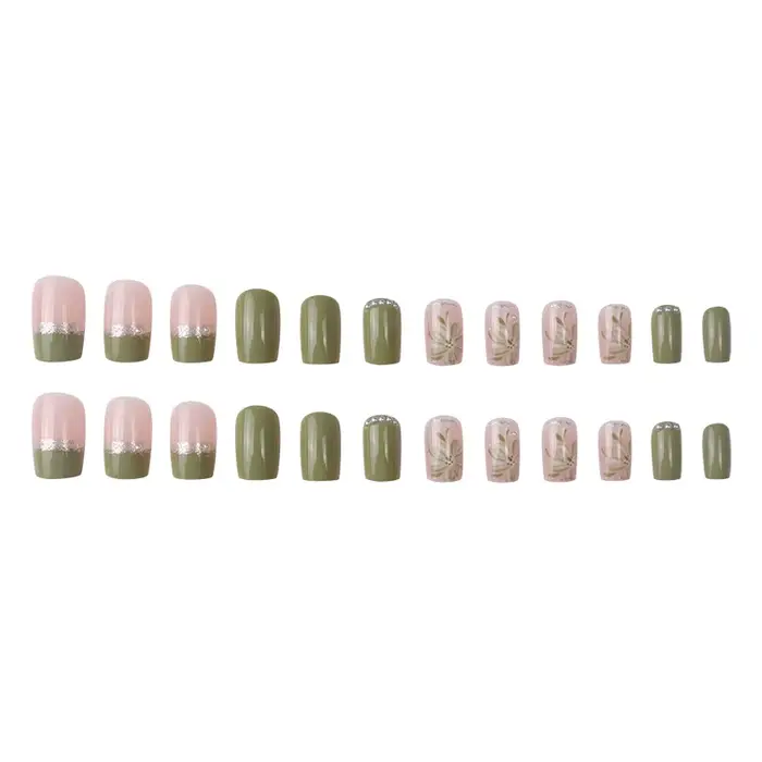 24 pièces/ensemble presse sur faux ongles vert portant