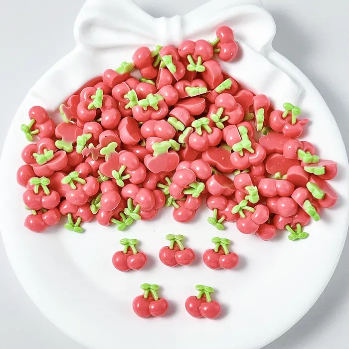50 Pièces Breloques pour Ongles en Résine Cerise Couleur Unie Réalistes