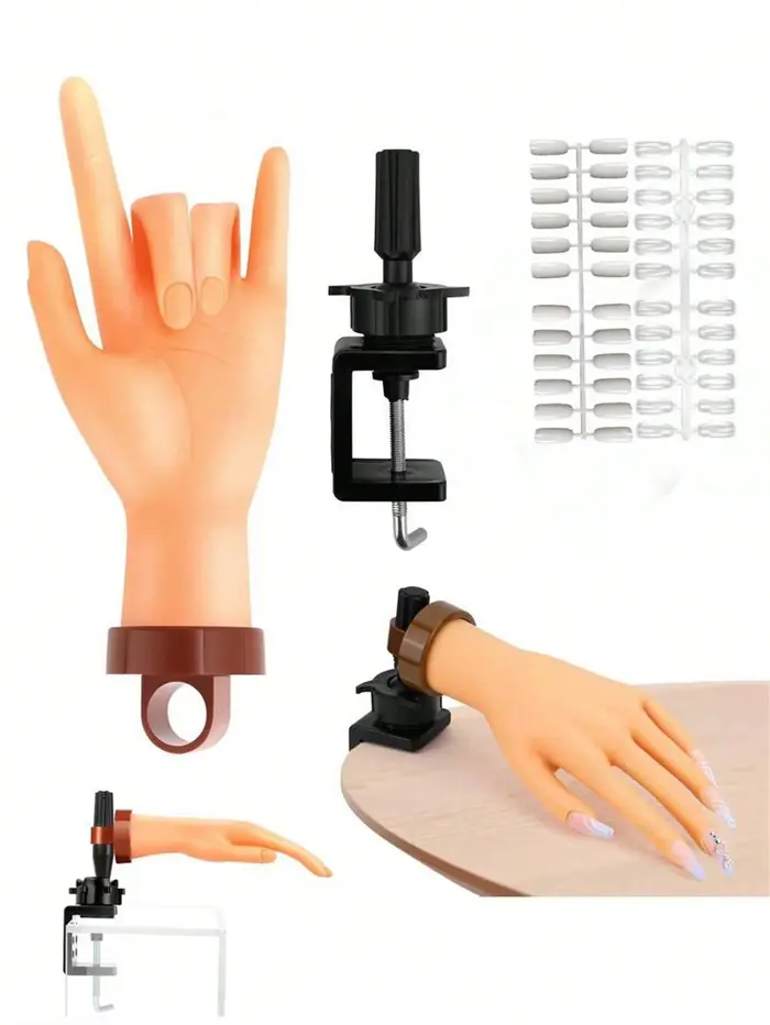 Les débutants en nail art utilisent des modèles de mains artificielles avec des plaques à ongles insérables