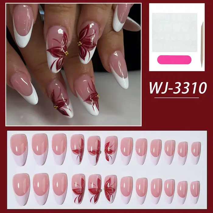 Transformez vos ongles avec, 24 pièces de fleurs blanches, ongles à pression en amande française, adaptés parfaitement et au design de longueur moyenne, faux na en acrylique