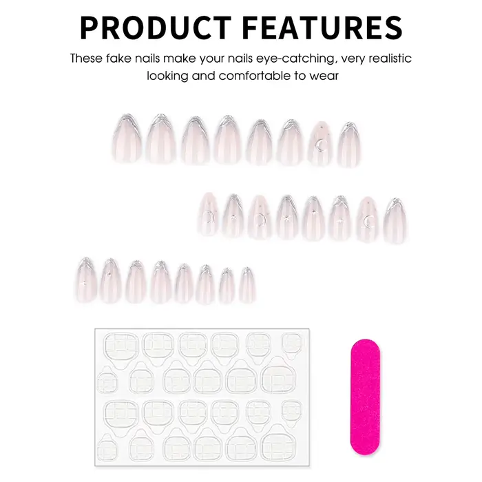 24 faux ongles 3D étoiles et lunes