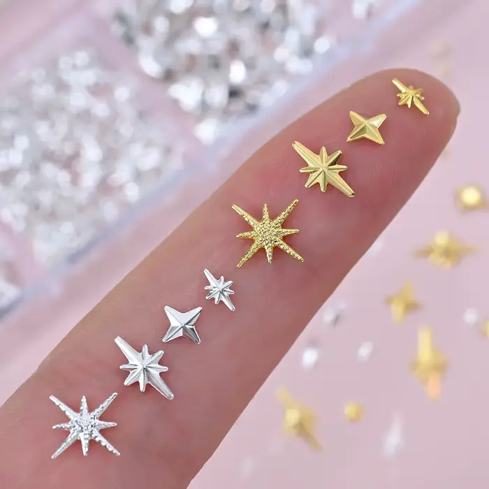Breloques étoiles métalliques 3D pour Nail Art, 12 grilles, or/argent, Starlight, croix, Rivets, déc