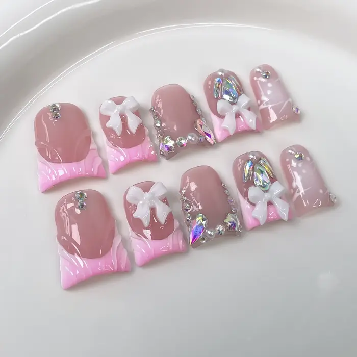 10 pièces court bec de canard fait à la main faux ongles Art Simple noir français faux ongles avec d