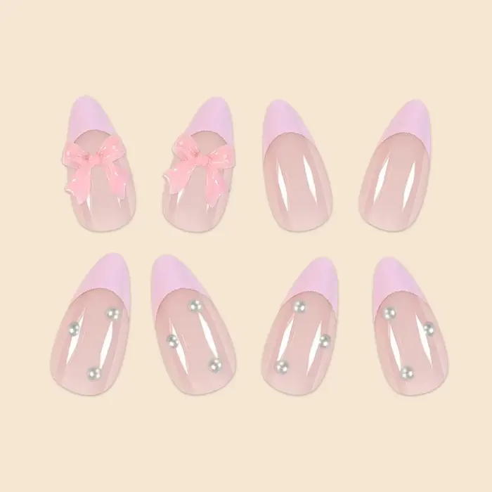 Nouveautés 24 pièces taille courte goutte d'eau française bords roses et nœuds de perles filles femmes ensemble de faux ongles portables