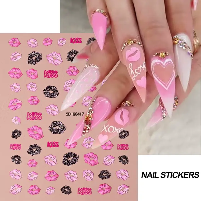 Autocollants 5D en Relief pour Ongles, Lèvres Rouges/Roses, Décalcomanies Romantiques de Luxe, Curse