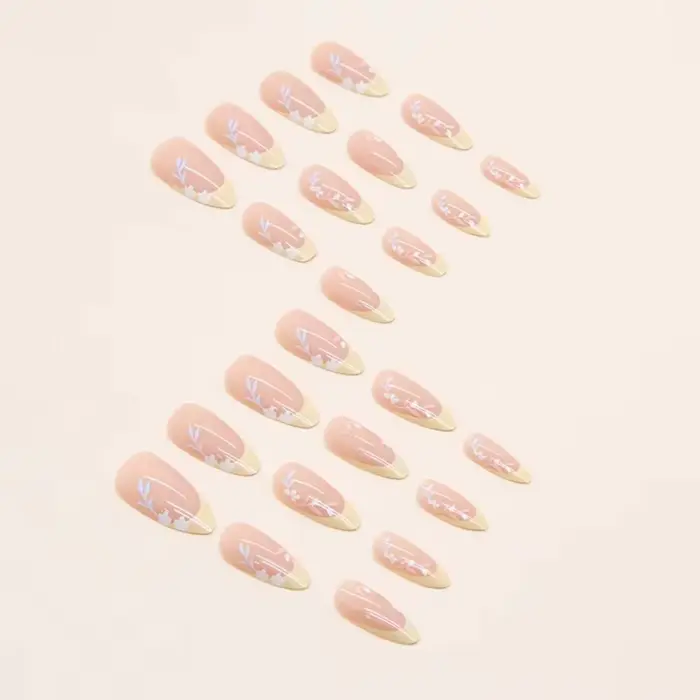 Feuille fraîche 24 pièces faux ongles français longs avec 1 autocollants de colle gelée vente en gros d'usine pour les femmes