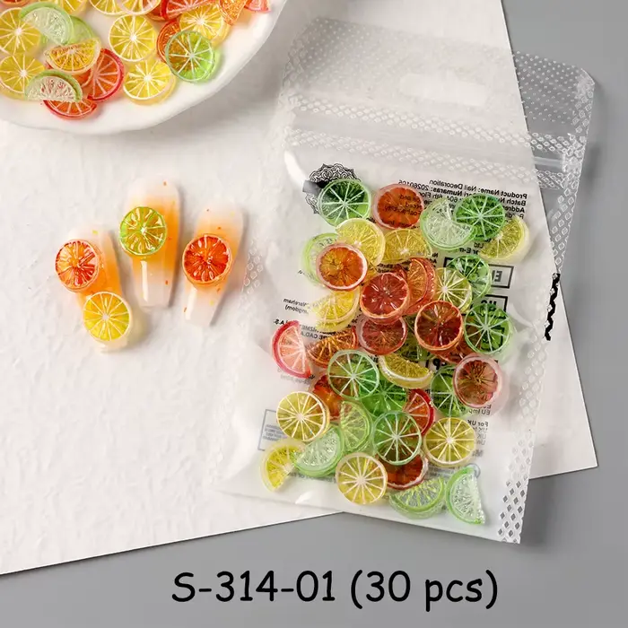 30/50 pièces Breloques d'été pour nail art, fruits citron et orange, colorées, DIY, tranches et floc