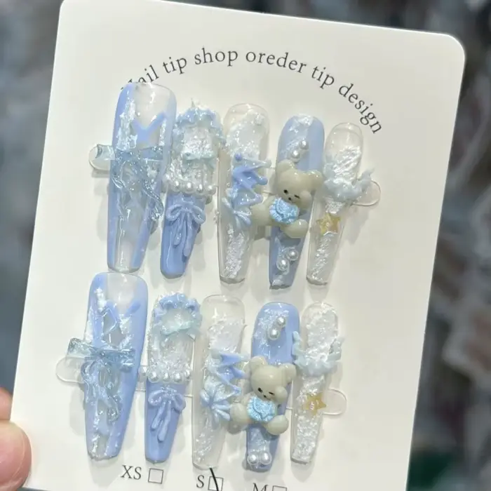 10 Pièces Faux Ongles à Presser Faits Main French Manucure en Dentelle, 3D, Motifs Ours Mignon, Nœud
