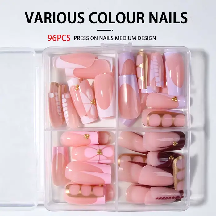 96 pièces (4 mélangées) Gelnail tridimensionnel 3D fait des ongles de fleurs avec fausse perle décor