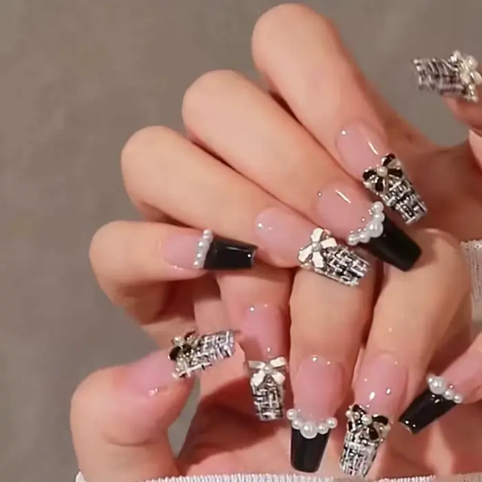 24 pièces noir français presse sur ongles blanc arc perle conception faux
