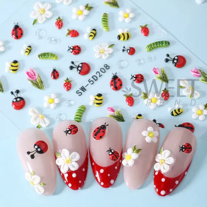 Autocollants pour ongles en relief, 1/2 pièces, motifs floraux printemps-été, abeille, coccinelle, i
