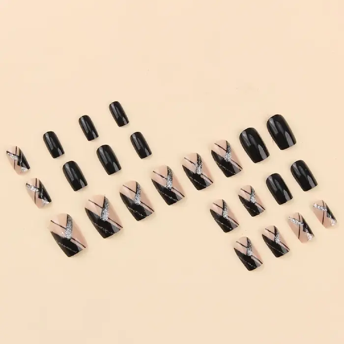 24 pièces carré noir couverture courte presse sur ongles argent rayure faux ongles réutilisable faux