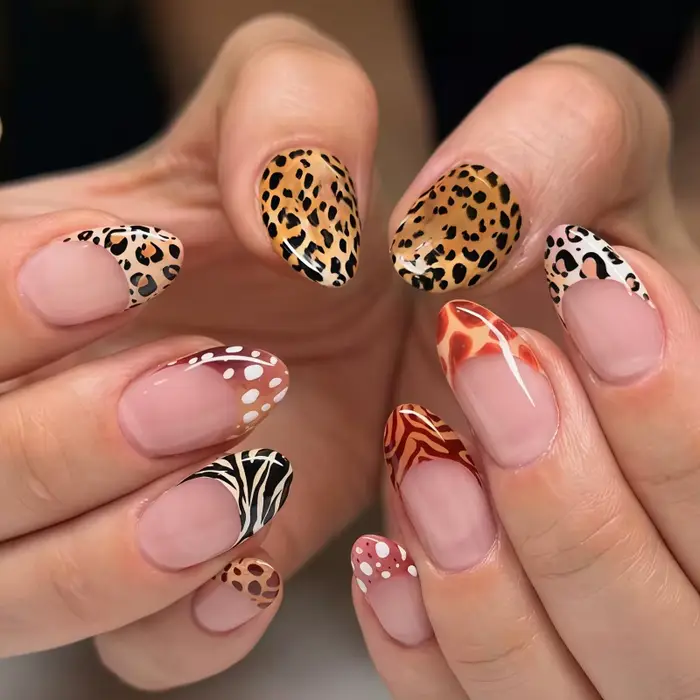 24 faux ongles à presser en amande, motifs animaux variés (léopard, vache, nude), avec French manucu