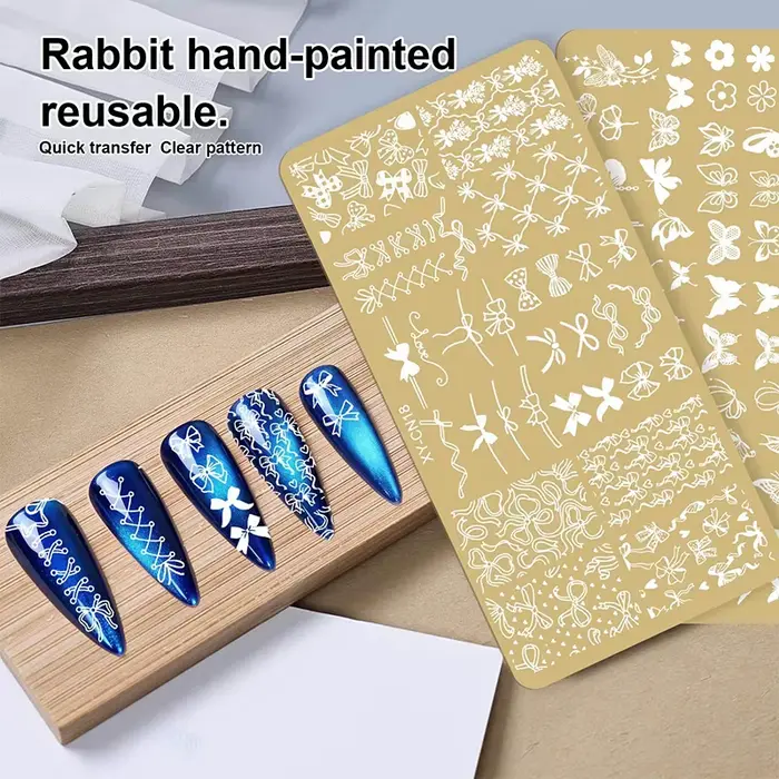 Plaques d'estampage rectangulaires dorées pour ongles, 12x6cm, nœud papillon, fleur, chat, modèles d