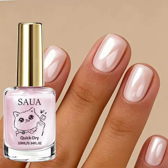 Vernis à ongles nacré rose ; séchage rapide, pas de lampe nécessaire, formule longue durée ; ajoute une brillance nacrée et illumine les ongles.