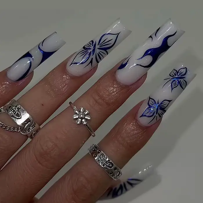 24 pièces papillon bâton sur ongles ensembles paillettes bleu Long cercueil faux ongles Art Simple f