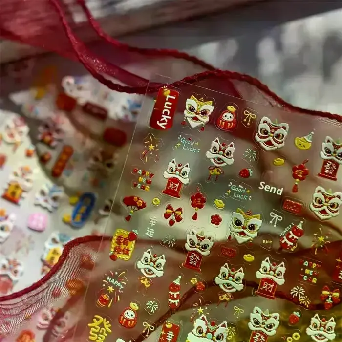 Mignon nouvel an chinois cheval année Lion danse arc Nail Art impression autocollants chanceux poney manucure décalcomanies festif en relief décor d'ongle