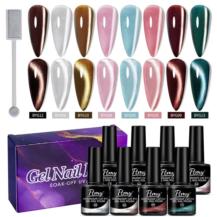 Vernis à ongles gel œil de chat au clair de lune blanc, 8 pièces, UV/LED, amovible, finition brillan