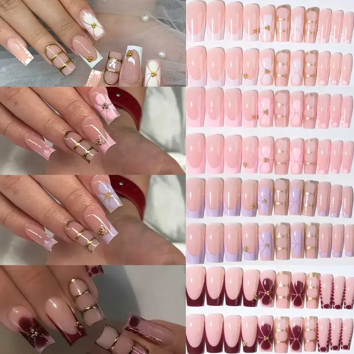 96 pièces (4 mélangées) Gelnail tridimensionnel 3D fait des ongles de fleurs avec fausse perle décorer Design carré poin