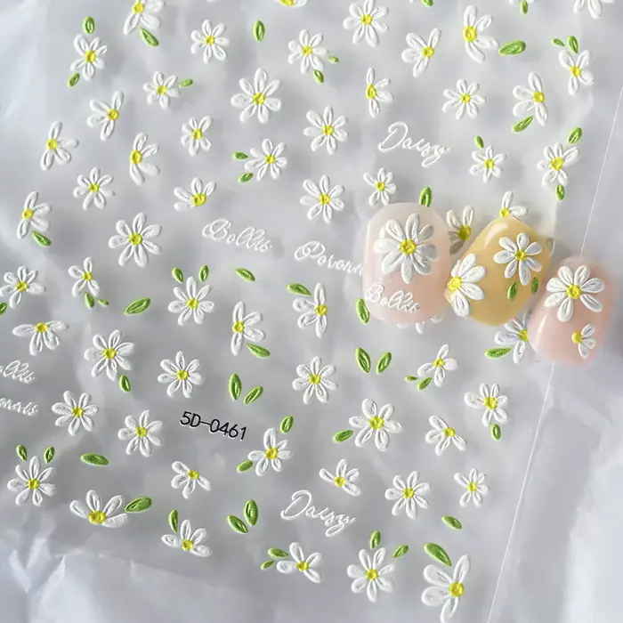 2 pièces 5D blanc marguerite Design Nail Art autocollants en relief