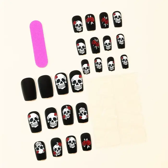 24 pièces ongles d'Halloween noir mat rose crâne imprimé conception couverture complète presse faux