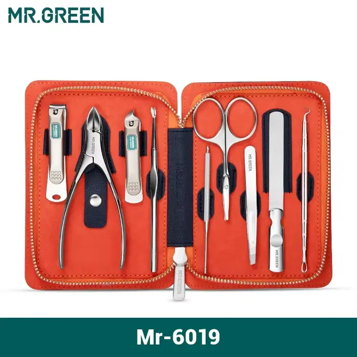 MR.GREEN – Kit de manucure professionnel 9 en 1 avec étui en cuir, coupe-ongles en acier inoxydable,