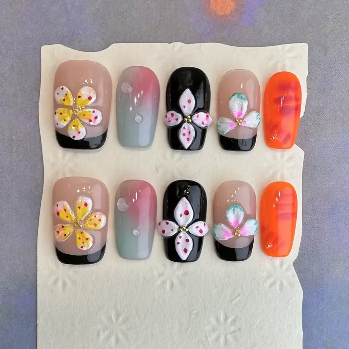 10 pièces 3D fleur verte à la main presse sur ongles français faux ongles portable ongles à coller f