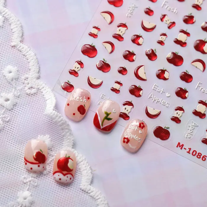 Autocollant 5D pour ongles en forme de pomme rouge, motif dessin animé, tranche de pomme, fruit mignon, décoration auto-adhésive, manucure, décalcomanie DIY