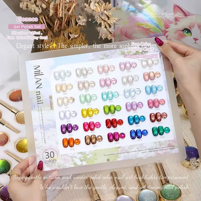 Eleanos HighEnd – Kit de vernis gel magnétique œil de chat 30 pièces 15 ml avec nuancier et différents flacons décorés
