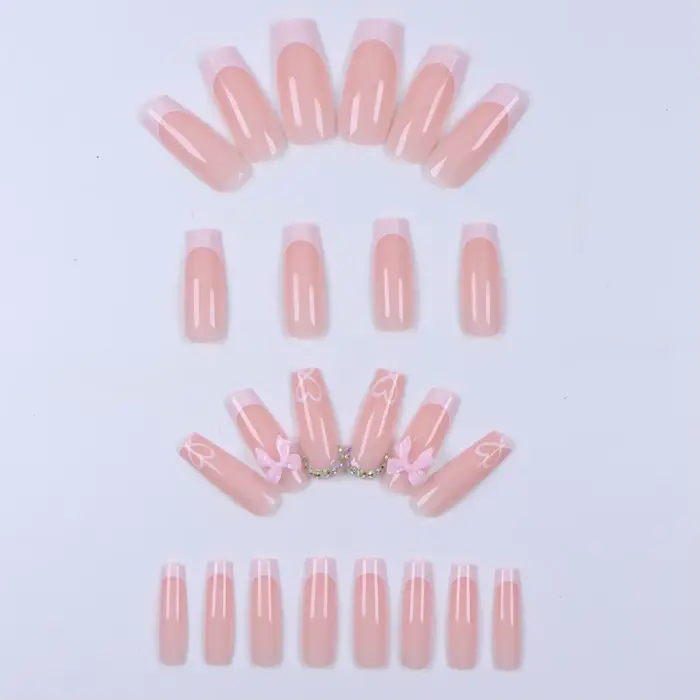 Faux ongles cercueil moyens avec pendentif à nœud 3d, 96 pièces, ongles acryliques en forme de cœur,