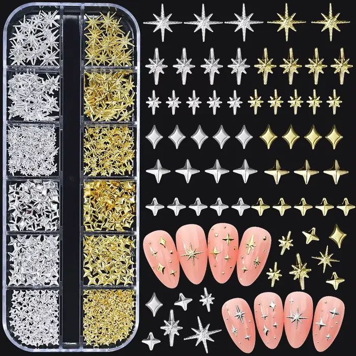 Breloques étoiles métalliques 3D pour Nail Art, 12 grilles, or/argent, Starlight, croix, Rivets, déc