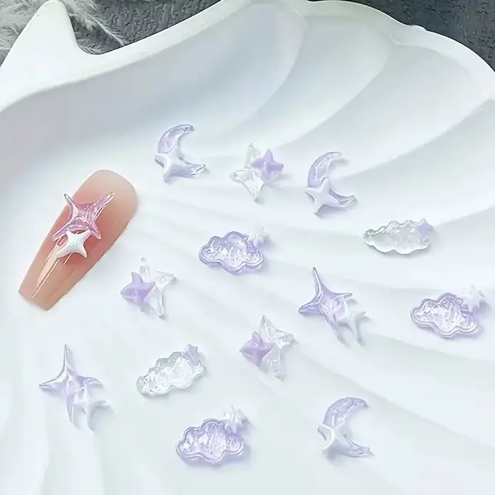 50pcs violet mélangé 3D lune nuage étoile breloques pour ongles en vrac Kawaii Lumionus Mini nuage d