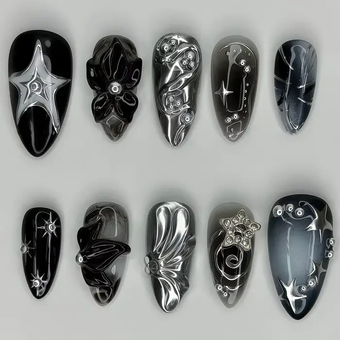24 pièces faux ongles fille épicée arc argenté avec diamant