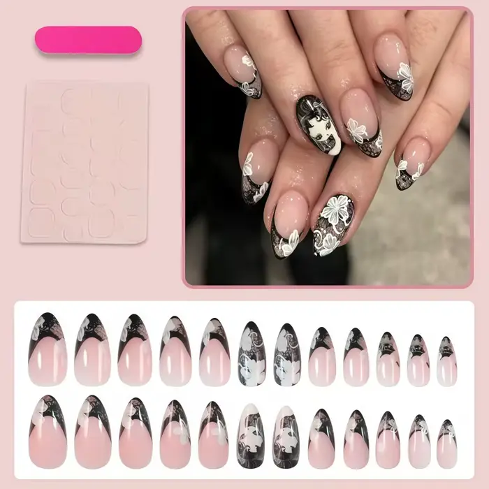 24 faux ongles français pointus en dentelle noire faits à la main
