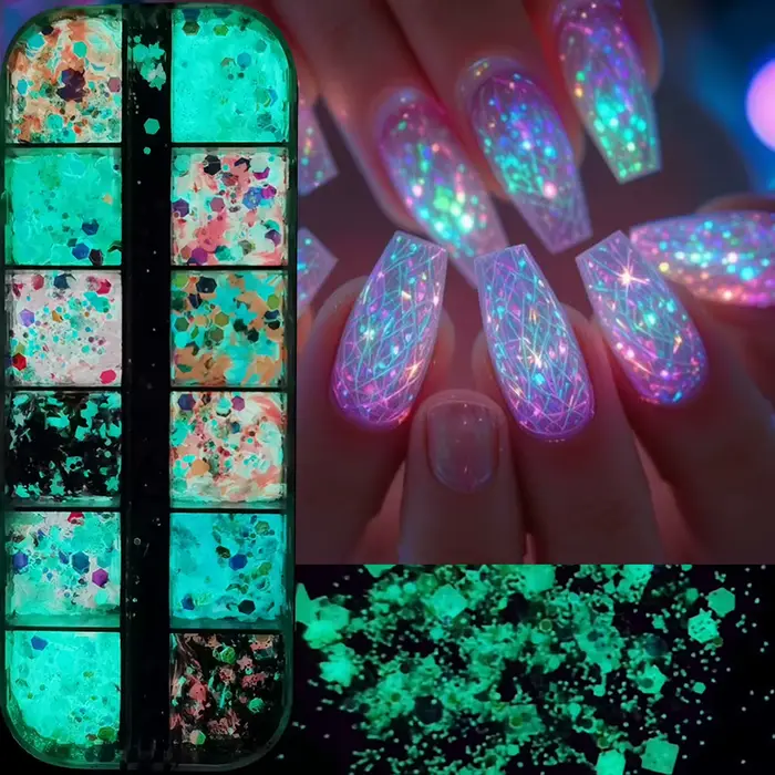 12 grilles brillent dans la nuit paillettes poudre à ongles caméléon lumineux hexagone paillettes 3D