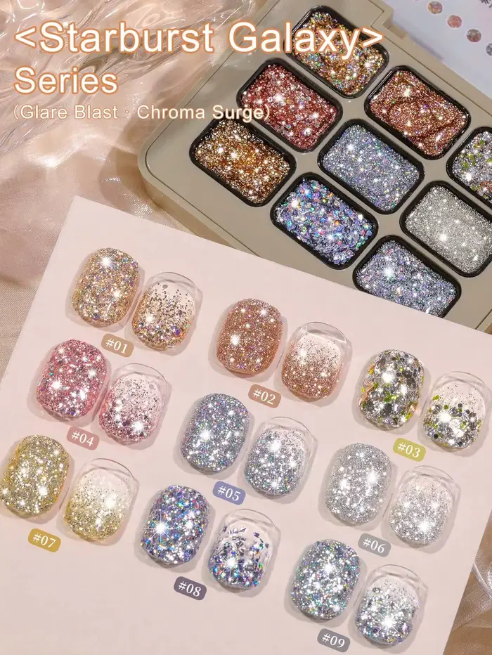 9 couleurs Starburst Galaxy série paillettes solide adhésif Gel vernis à ongles Semi Permanent tremp