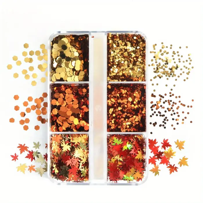 6 compartiments de paillettes pour ongles à thème automne, feuilles dorées, rouges et oranges, pour