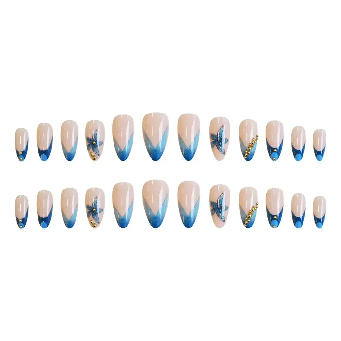Faux ongles nude avec motif floral rose et bleu, perles métalliques et strass, forme amande, à presser, pour nail art