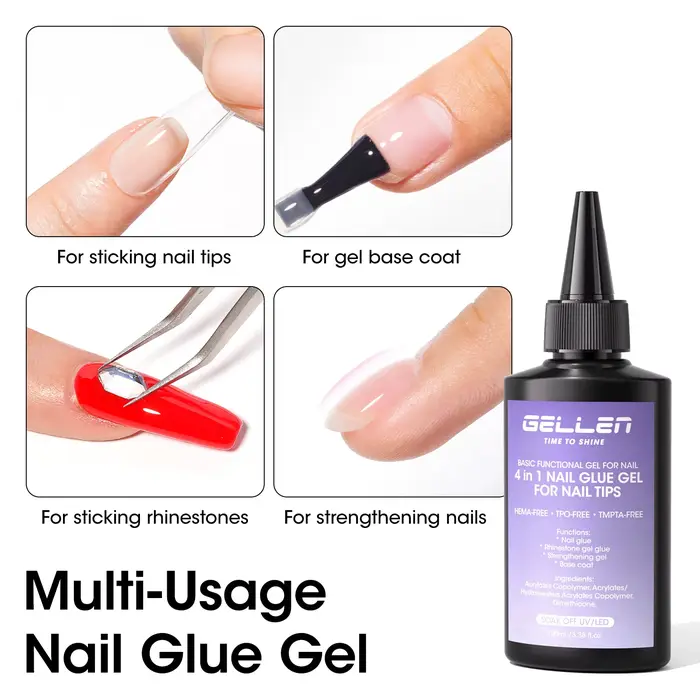 GELLEN Professionnel 4 en 1 Colle à ongles en gel 100ml Adhésif puissant durcissant aux UV pour extensions d'ongles Longue tenue Manucure DIY