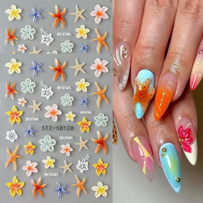 Autocollants pour ongles étoile de mer Kawaii, 2 pièces, autocollants floraux 3D pour Nail Art, auto