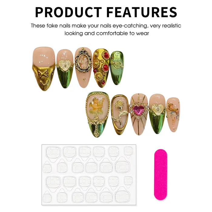 10 pièces rétro Court Style fait à la main faux ongles amour coeur miroir Rose décor presse