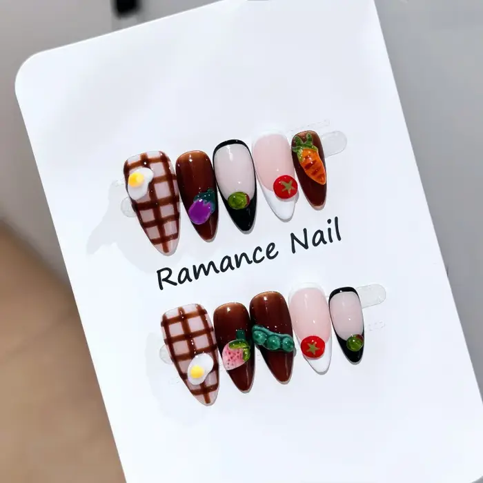 10 pièces Style coréen faux ongles faits à la main 3D citron myrtille nœuds papillon conceptions presse