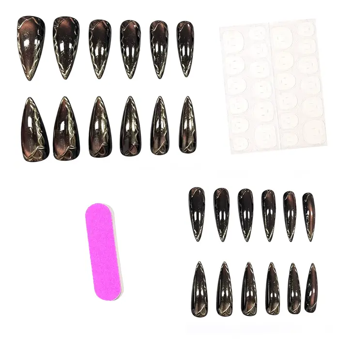 24 faux ongles longs en métal foncé style punk, effet œil de chat 3D marron