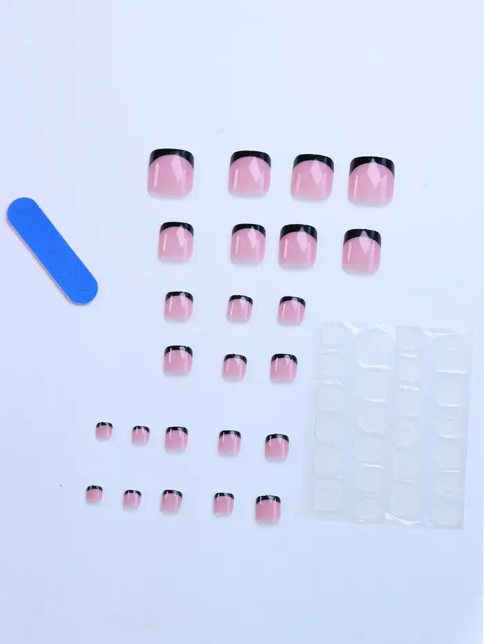 48 pièces français bordure noire armure des mains et des pieds faux ongles brillants entièrement coupés